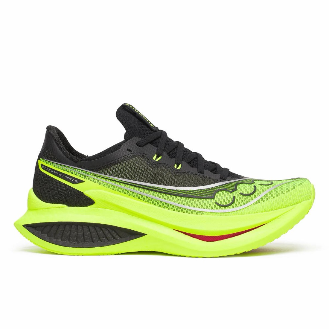 Saucony performance running shoe in citron and black, side profile.